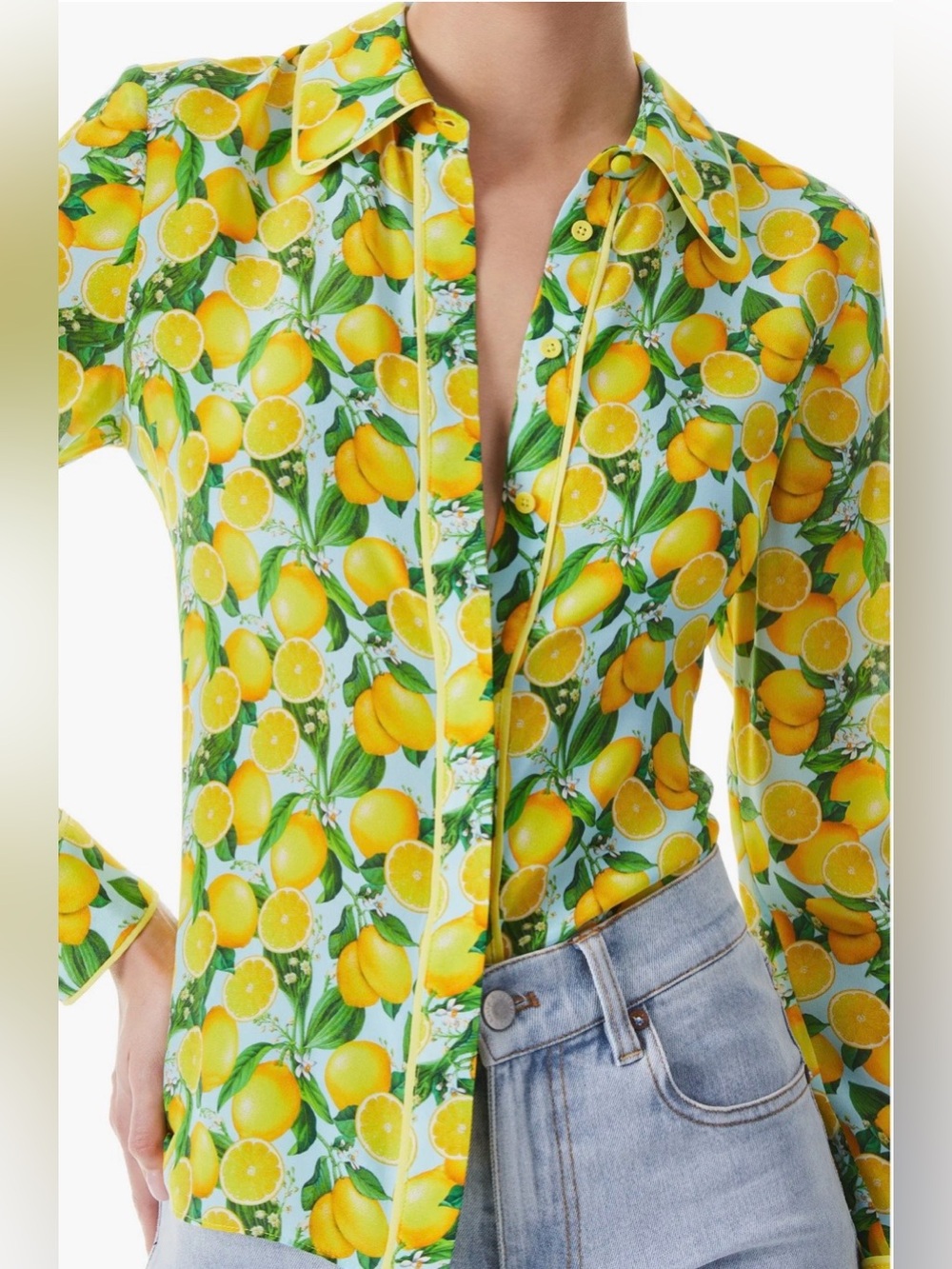 Alice + Olivia Lemon Squeeze 100% Silk Button-Down Shirt NWT S